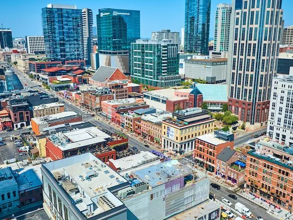 Aerial view of Lower Broadway and downtown Nashville