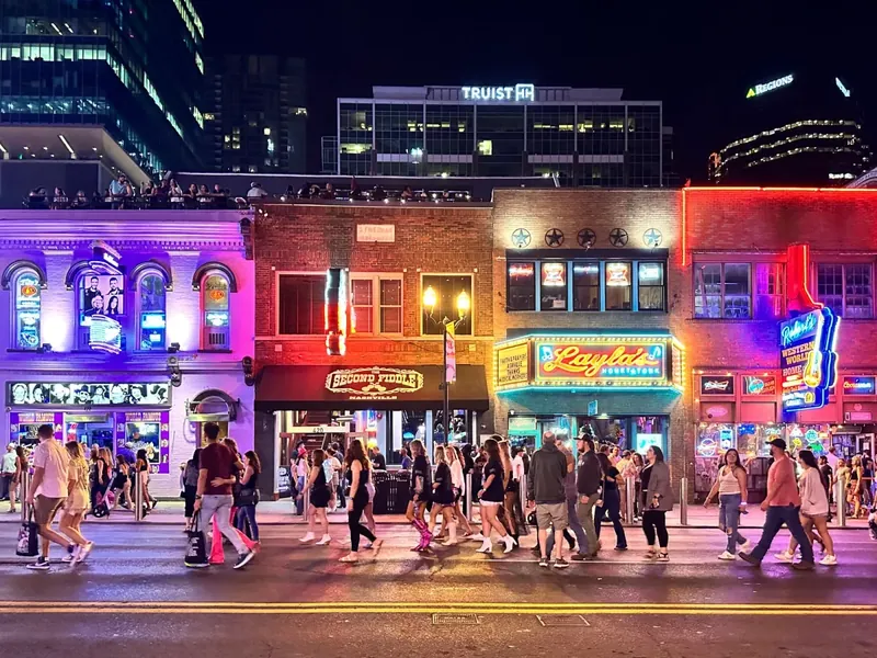 Crowds on Lower Broadway in Nashville at night