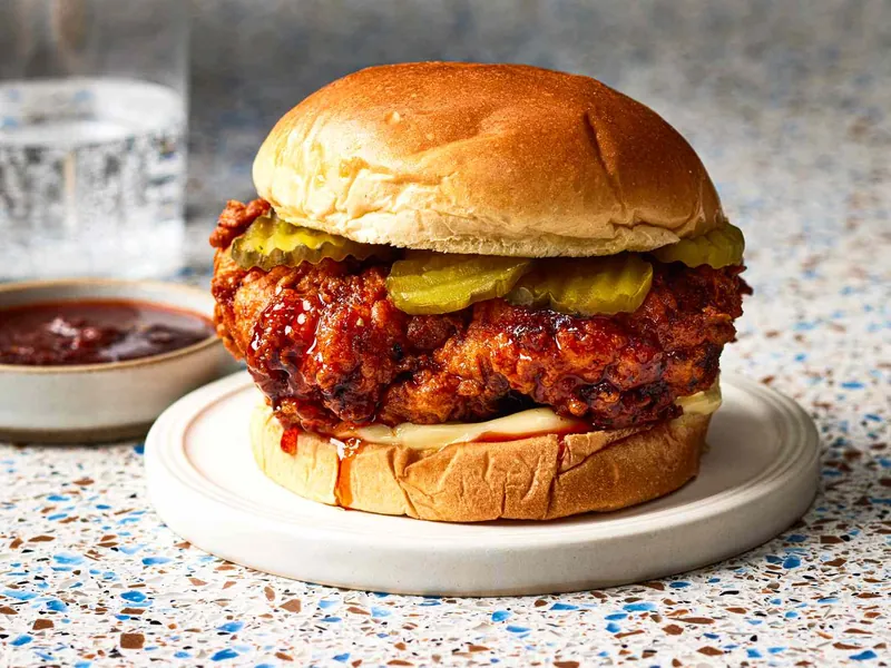 A Nashville hot chicken sandwich with pickles on a plate