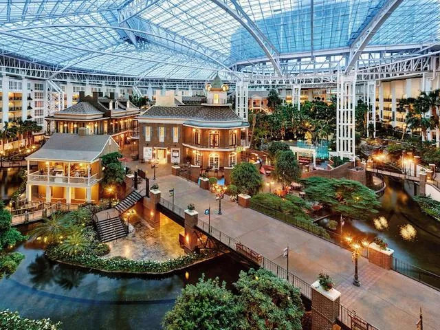 The glass atrium and gardens inside a large Nashville resort hotel