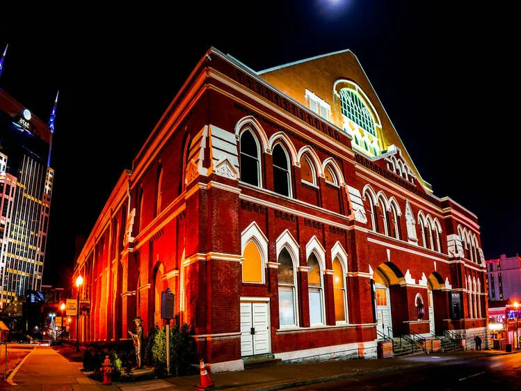 The Ryman Auditorium lit up at night